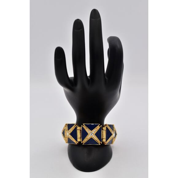 Hutton Wilkinson Vintage Bracelet Blue Enamel Bracelet Gold Crystal Signed BinO - Picture 6 of 12
